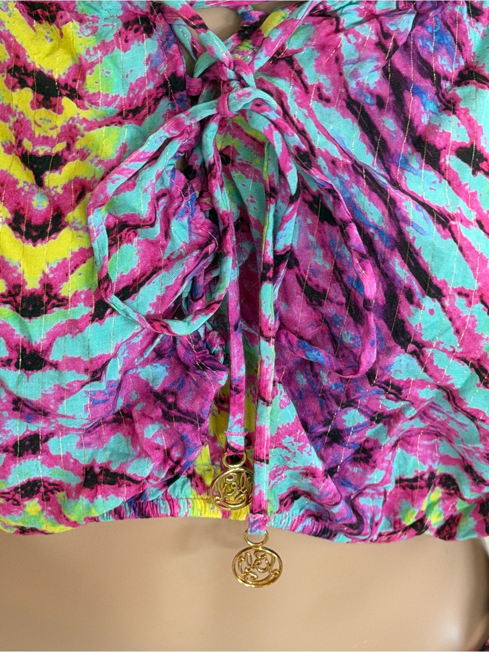Luli Fama Off-Shoulder Cropped Blouse in Purple & Aqua Tie-Dye - Picture 3 of 6